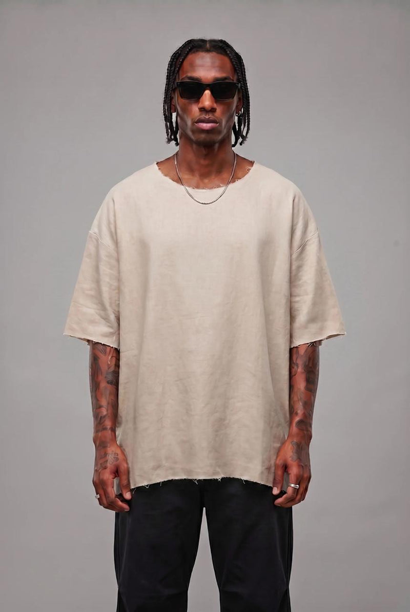 T-shirt Lino Over Taglio Vivo Beige